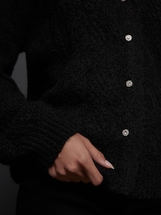 Black Gem Button Textured Lace Knitted Cardigan with Wool - Image 5 of 8