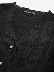 Black Gem Button Textured Lace Knitted Cardigan with Wool - Image 7 of 8