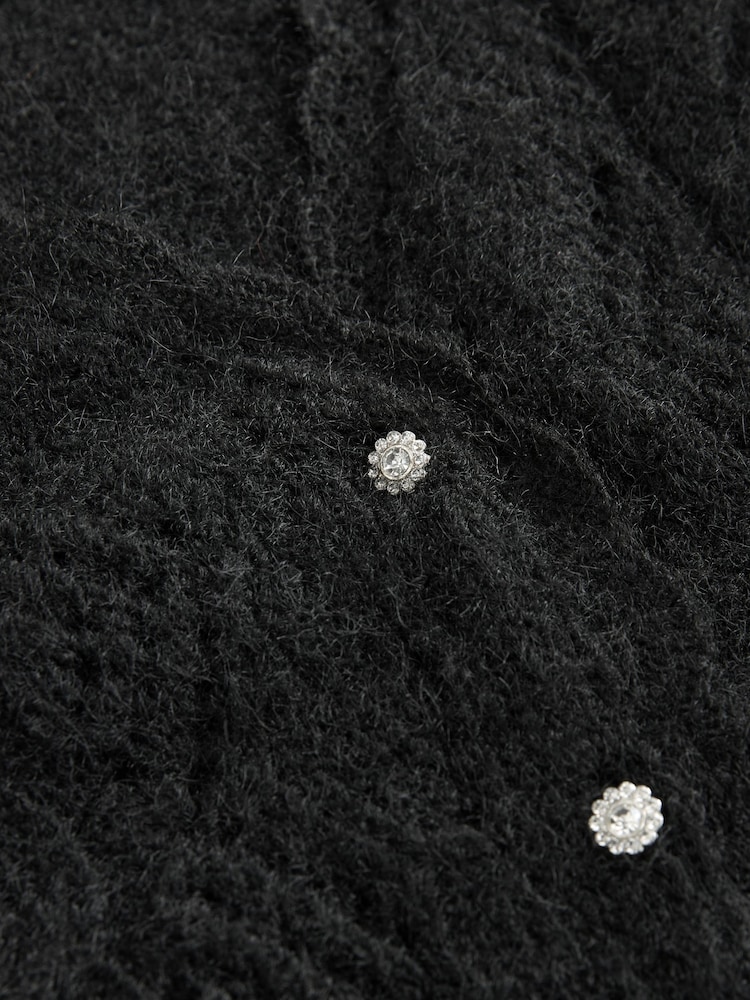 Black Gem Button Textured Lace Knitted Cardigan with Wool - Image 8 of 8