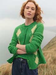 Green Argyle Print Soft Touch Button Through Knitted Cardigan with Alpaca - Image 1 of 10