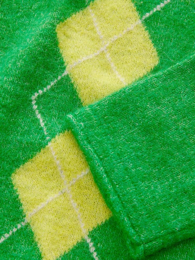 Green Argyle Print Soft Touch Button Through Knitted Cardigan with Alpaca - Image 10 of 10