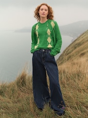 Green Argyle Print Soft Touch Button Through Knitted Cardigan with Alpaca - Image 2 of 10