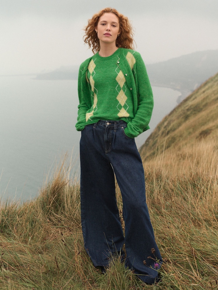 Green Argyle Print Soft Touch Button Through Knitted Cardigan with Alpaca - Image 2 of 10