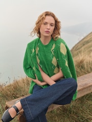 Green Argyle Print Soft Touch Button Through Knitted Cardigan with Alpaca - Image 3 of 10