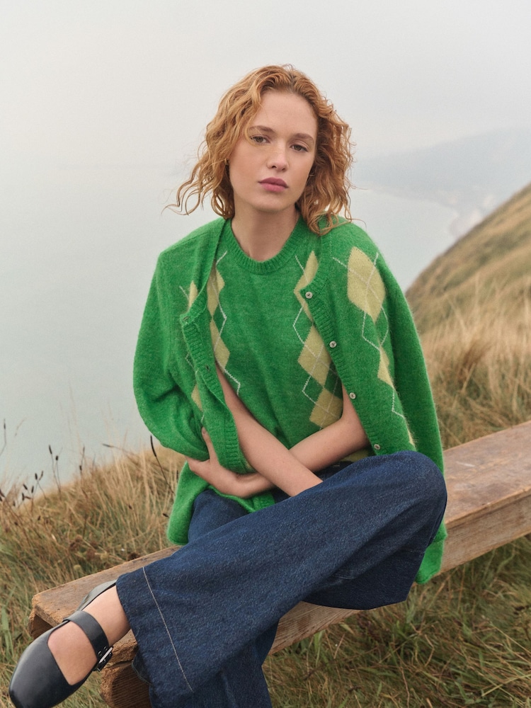 Green Argyle Print Soft Touch Button Through Knitted Cardigan with Alpaca - Image 3 of 10