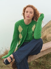 Green Argyle Print Soft Touch Button Through Knitted Cardigan with Alpaca - Image 4 of 10