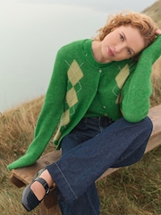 Green Argyle Print Soft Touch Button Through Knitted Cardigan with Alpaca - Image 5 of 10