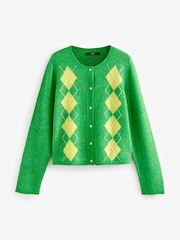 Green Argyle Print Soft Touch Button Through Knitted Cardigan with Alpaca - Image 8 of 10