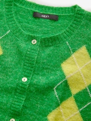 Green Argyle Print Soft Touch Button Through Knitted Cardigan with Alpaca - Image 9 of 10