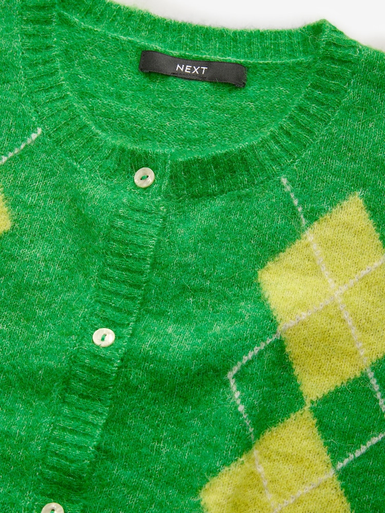 Green Argyle Print Soft Touch Button Through Knitted Cardigan with Alpaca - Image 9 of 10