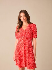 Ro&Zo Red Dash Print Shirred Shoulder Short Dress - Image 1 of 6