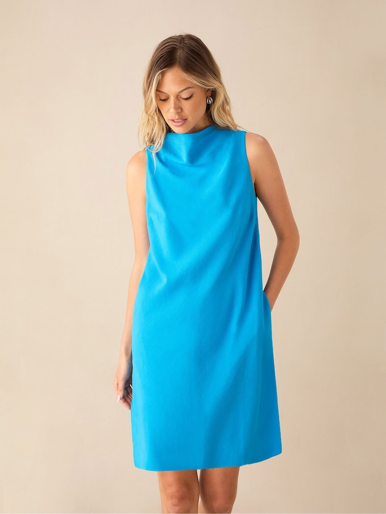 Ro&Zo Blue Cowl Neck Linen Blend Shift Dress - Image 2 of 4