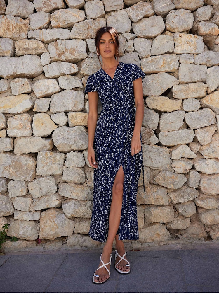 Ro&Zo Blue Petite Dash Print Wrap Midi Dress - Image 1 of 5