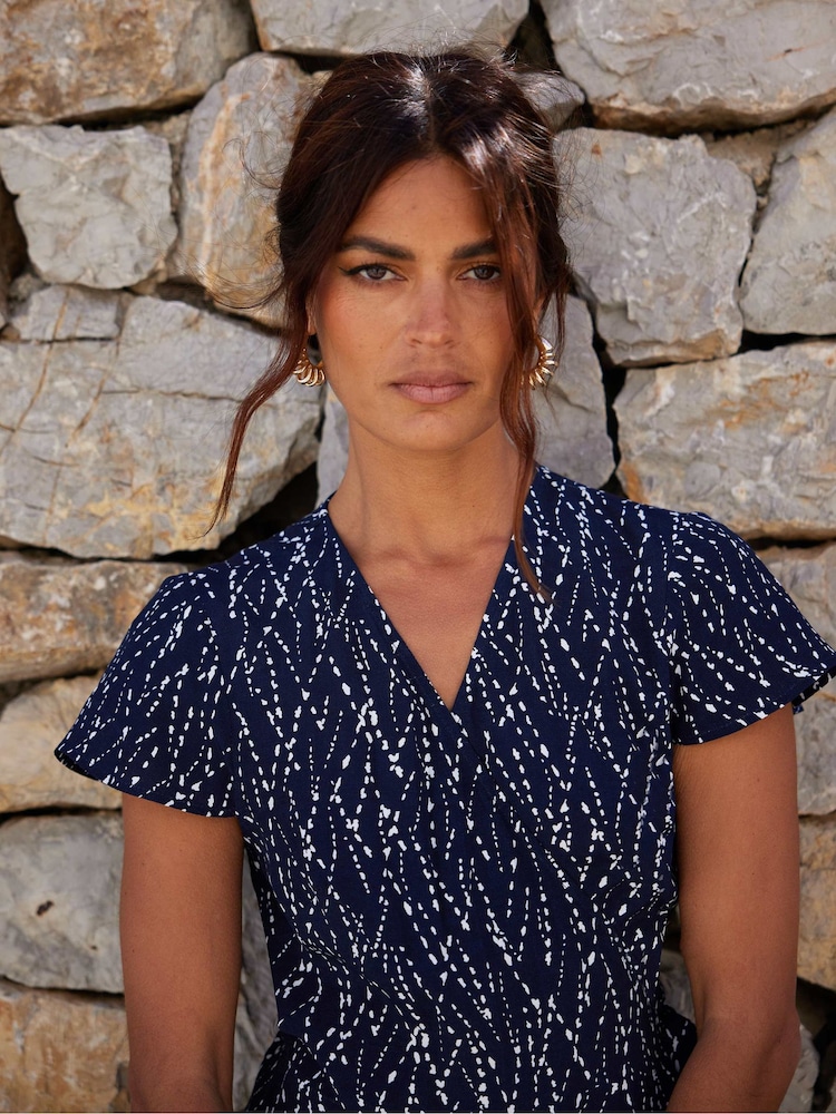 Ro&Zo Blue Petite Dash Print Wrap Midi Dress - Image 1 of 4