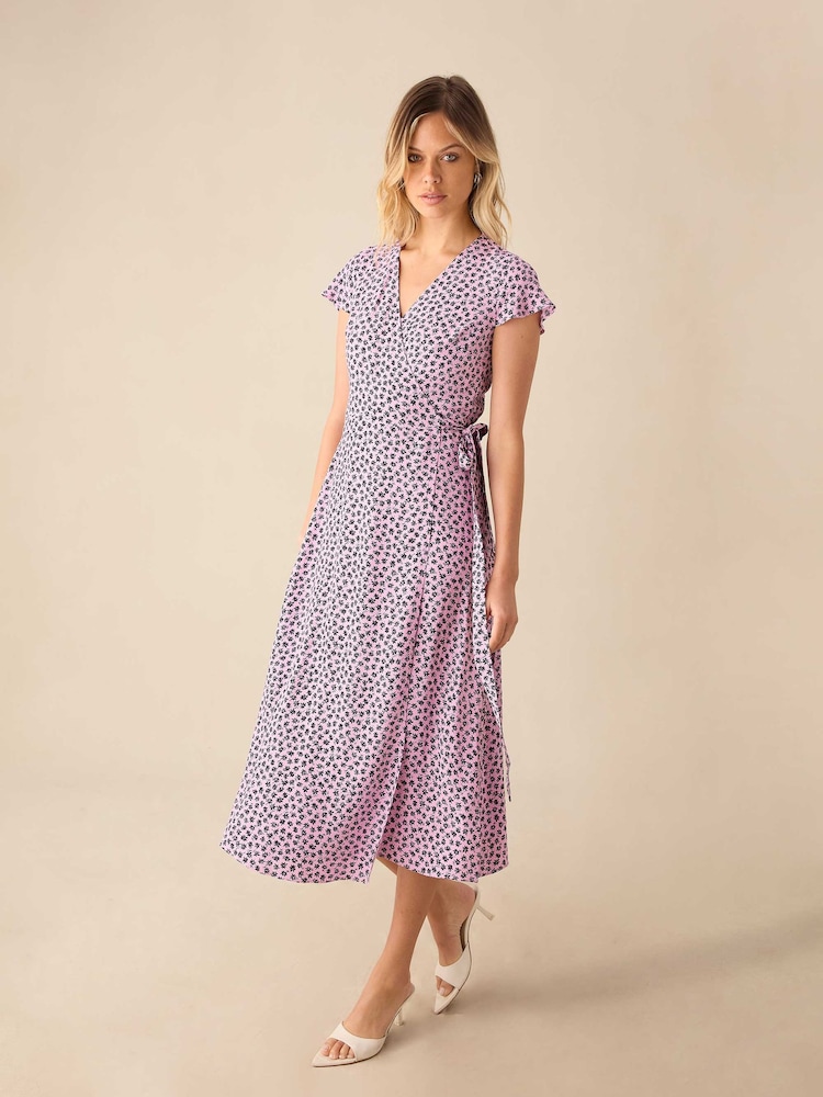 Ro&Zo Pink Petite Ditsy Print Wrap Midi Dress - Image 1 of 3