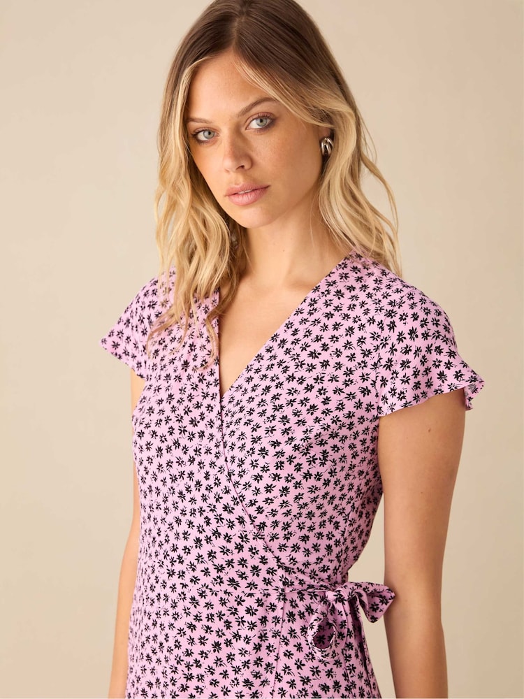 Ro&Zo Pink Petite Ditsy Print Wrap Midi Dress - Image 3 of 3