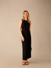 Ro&Zo Black Linen Blend Tie Waist Column Midi Dress - Image 3 of 8