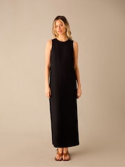 Ro&Zo Black Linen Blend Tie Waist Column Midi Dress - Image 4 of 8