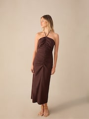 Ro&Zo  Halter Ruched Front Linen Midaxi Brown Dress - Image 1 of 7