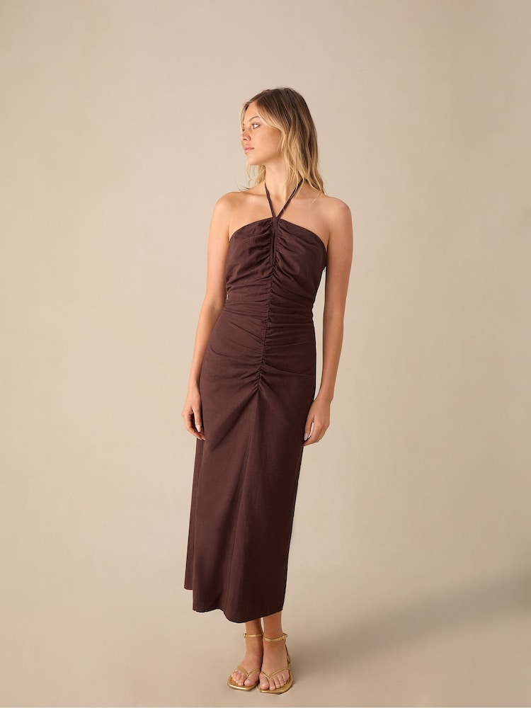 Ro&Zo  Halter Ruched Front Linen Midaxi Brown Dress - Image 1 of 7