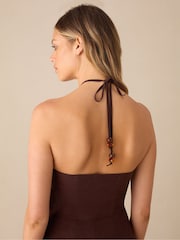 Ro&Zo  Halter Ruched Front Linen Midaxi Brown Dress - Image 3 of 7