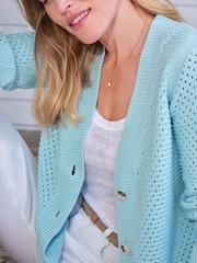 Pure Collection Blue 100% Cotton Mesh Cardigan - Image 3 of 3
