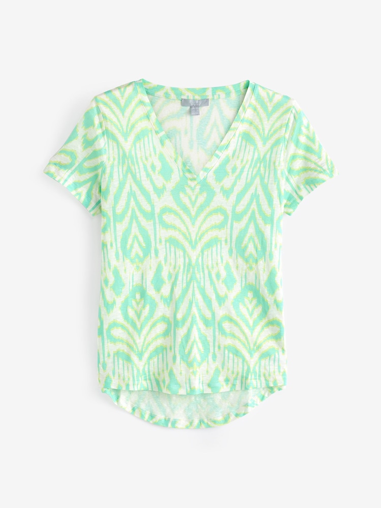 Pure Collection Green 100% Linen Jersey V-Neck T-Shirt - Image 3 of 3