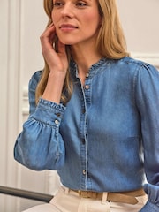 Pure Collection Denim Frill Stand Collar Shirt - Image 3 of 3