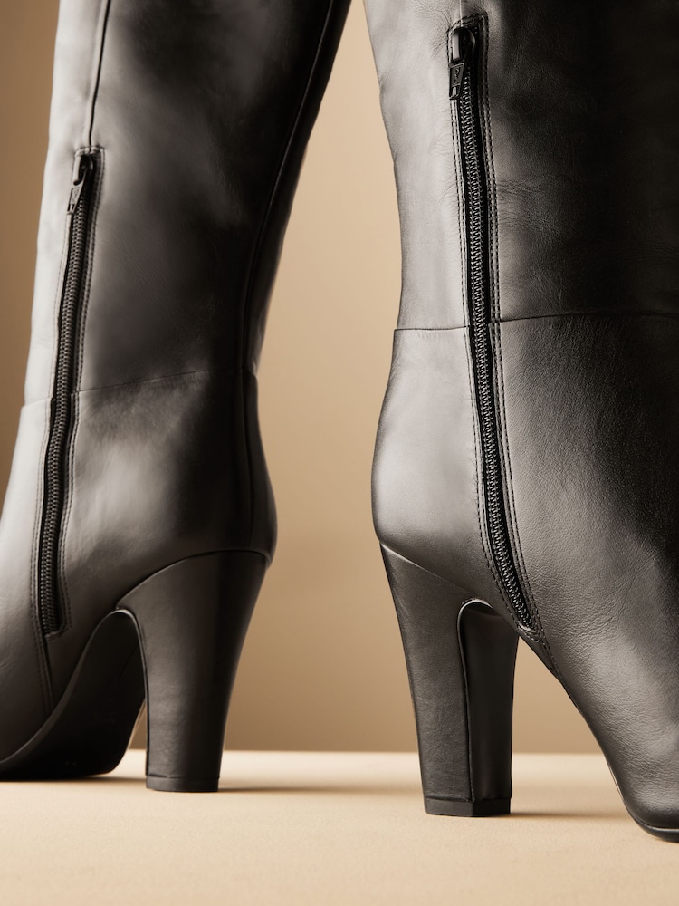 Black Leather Premium Knee High Heeled Boots - Image 10 of 11