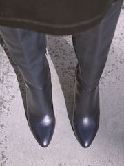 Black Leather Premium Knee High Heeled Boots - Image 5 of 11