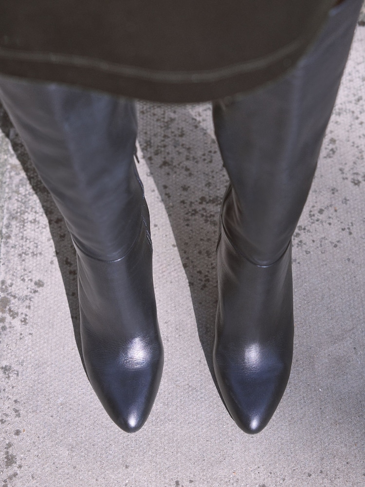 Black Leather Premium Knee High Heeled Boots - Image 5 of 11