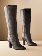 Black Leather Premium Knee High Heeled Boots - Image 6 of 11