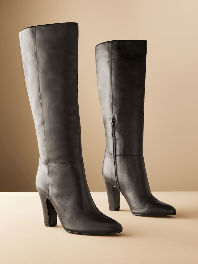 Black Leather Premium Knee High Heeled Boots - Image 6 of 11