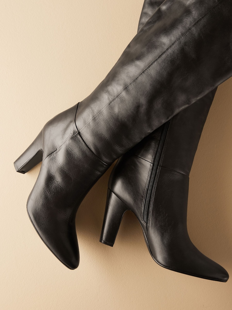 Black Leather Premium Knee High Heeled Boots - Image 8 of 11