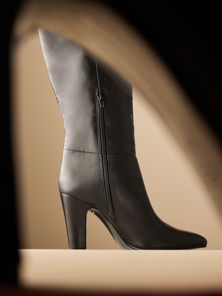 Black Leather Premium Knee High Heeled Boots - Image 9 of 11