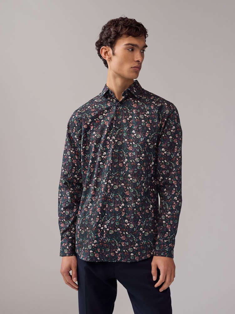 Navy Jacobean Floral Slim Fit 100% Cotton Long Sleeve Print Shirt - Image 1 of 7