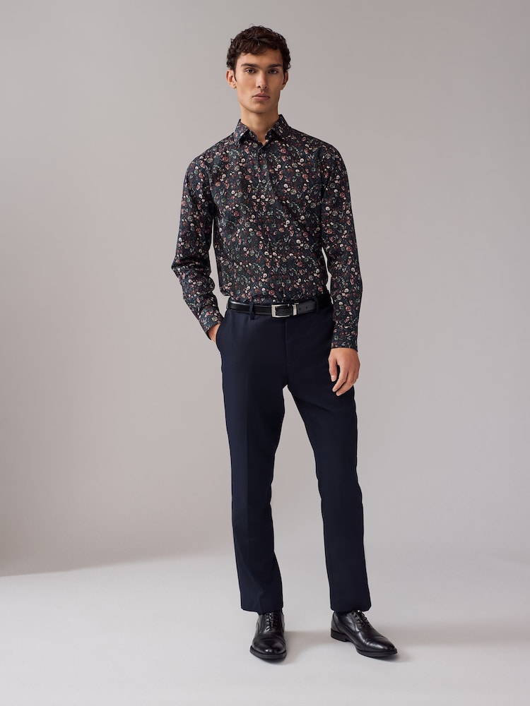 Navy Jacobean Floral Slim Fit 100% Cotton Long Sleeve Print Shirt - Image 2 of 7