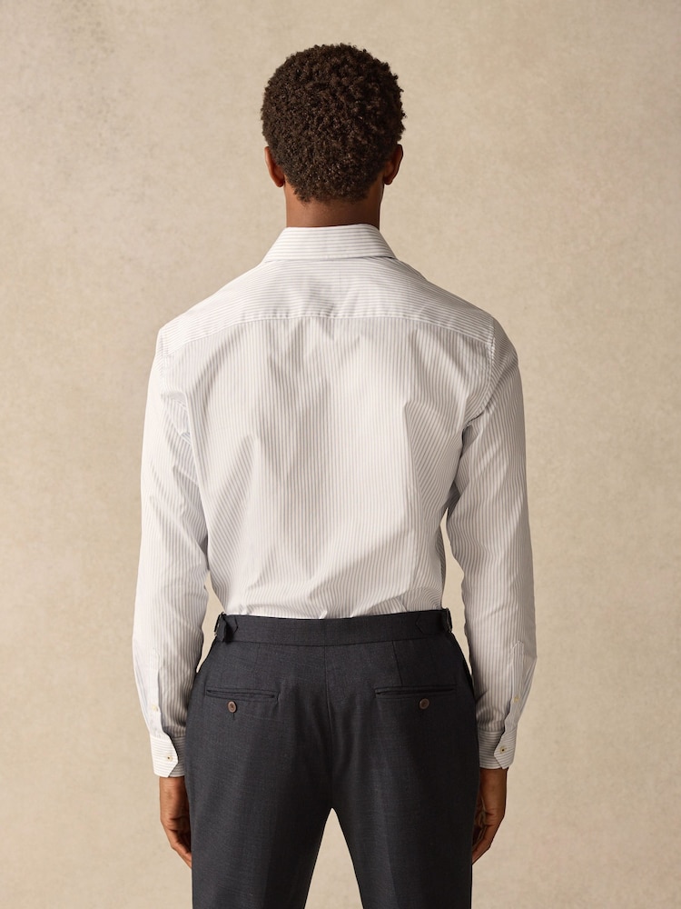 Neutral/Blue Stripe Slim Fit 100% Cotton Long Sleeve Shirt - Image 4 of 10