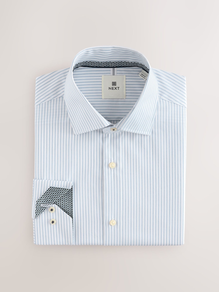 Neutral/Blue Stripe Slim Fit 100% Cotton Long Sleeve Shirt - Image 8 of 10