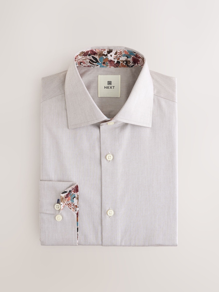Neutral Brown Slim Fit 100% Cotton Textured Twill Shirt - Image 7 of 9