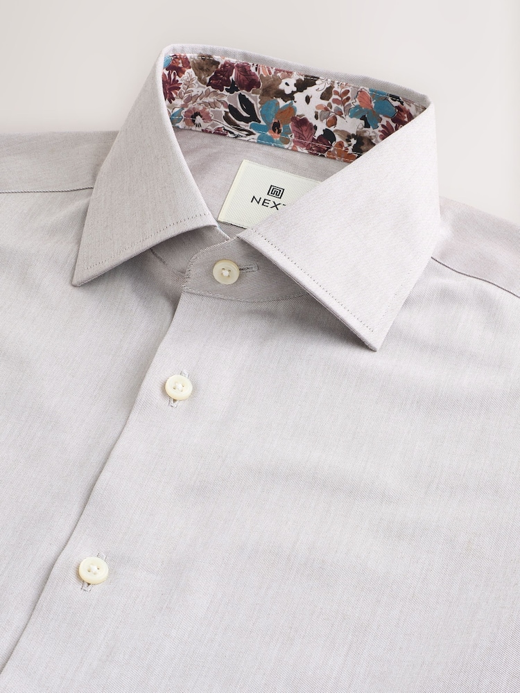 Neutral Brown Slim Fit 100% Cotton Textured Twill Shirt - Image 8 of 9