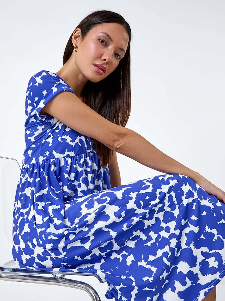 Dusk Blue Abstract Print Stretch Pocket T-Shirt Dress - Image 1 of 5