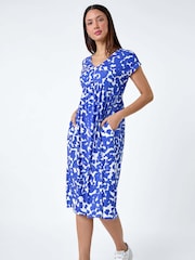 Dusk Blue Abstract Print Stretch Pocket T-Shirt Dress - Image 2 of 5
