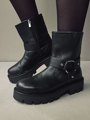 Black Leather Standard/Wide Fit Forever Comfort® Buckle Strap Leather Ankle Biker Boots - Image 1 of 9