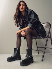 Black Leather Standard/Wide Fit Forever Comfort® Buckle Strap Leather Ankle Biker Boots - Image 3 of 9