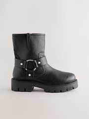 Black Leather Standard/Wide Fit Forever Comfort® Buckle Strap Leather Ankle Biker Boots - Image 5 of 9