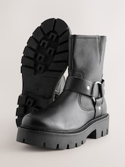 Black Leather Standard/Wide Fit Forever Comfort® Buckle Strap Leather Ankle Biker Boots - Image 6 of 9