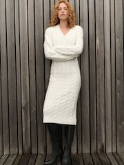 White Ecru V-Neck Cable Knitted Midi Jumper Dress - Image 1 of 11