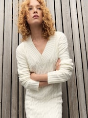 White Ecru V-Neck Cable Knitted Midi Jumper Dress - Image 4 of 11