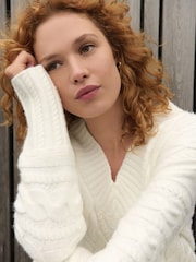 White Ecru V-Neck Cable Knitted Midi Jumper Dress - Image 7 of 11